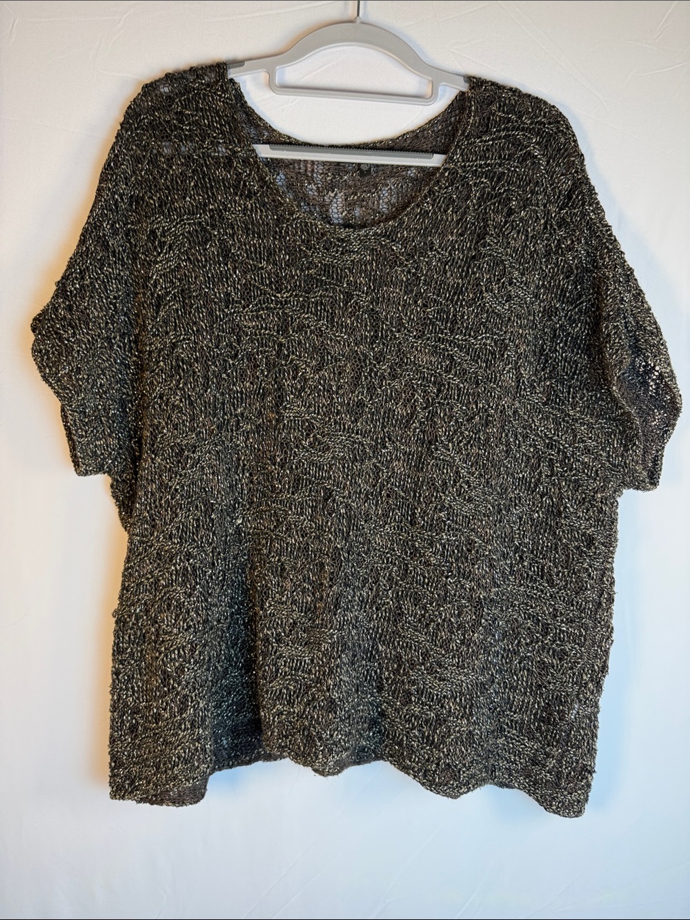 Eileen Fisher Black Metallic Crochet Knit Boxy Top